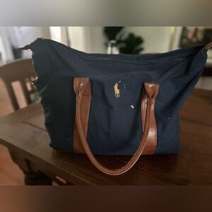 Polo Canvas Tote Bag in Navy with Brown Handles
